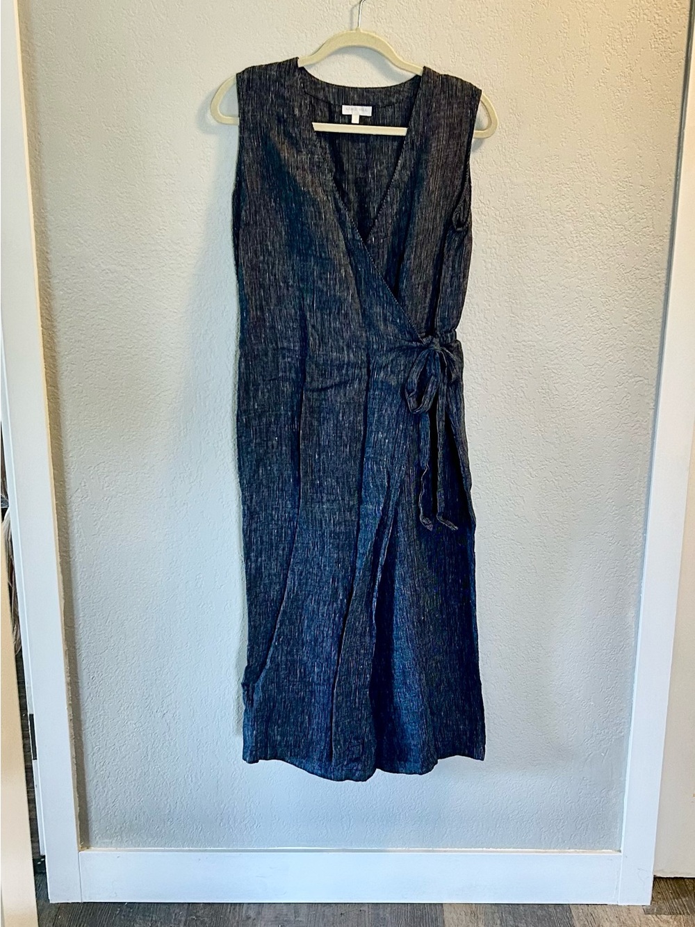 Sleeveless Midi Linen Wrapped Jumper in Stripped Dark Denim-Blue